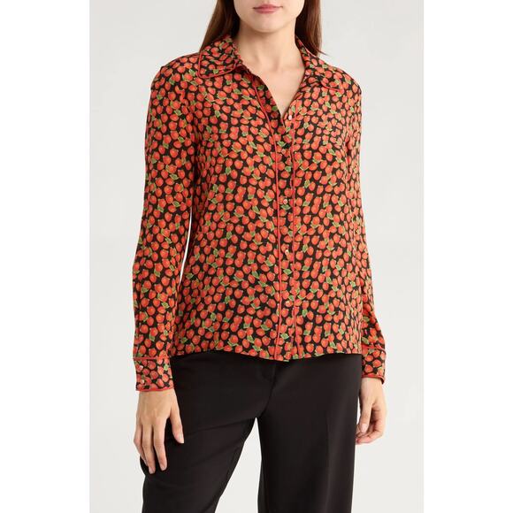 ALICE + OLIVIA Willa Long Sleeve Strawberry Print Silk Button-Up Shirt - Picture 1 of 10